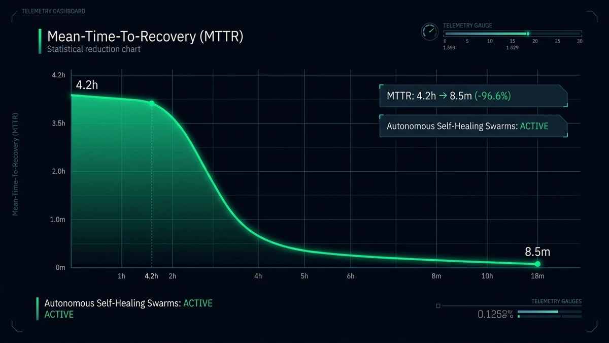 Telemetry charts showing mean-time-to-recovery (MTTR) dropping from 4.2 hours to 8.5 minutes across production repos — Binary Froster