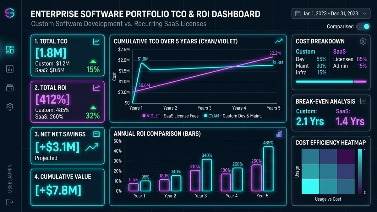 5-Year Enterprise software Total Cost of Ownership TCO and ROI dashboard — Binary Froster