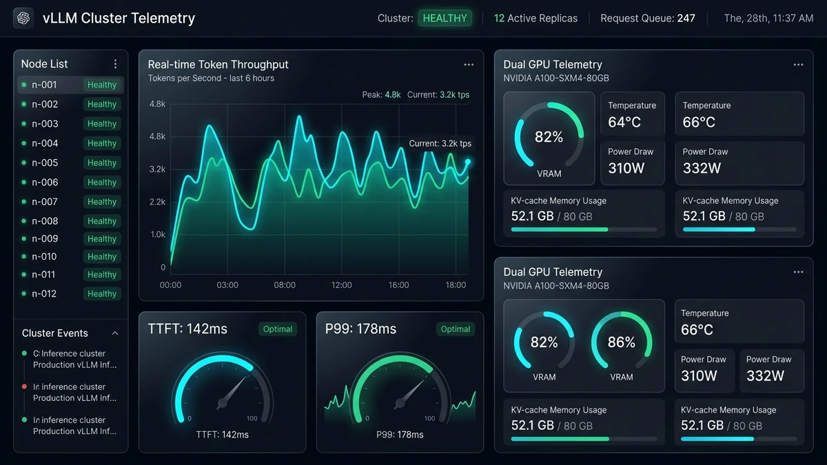 Production telemetry dashboard showing real-time token throughput, TTFT latency, and cost reduction analytics — Binary Froster