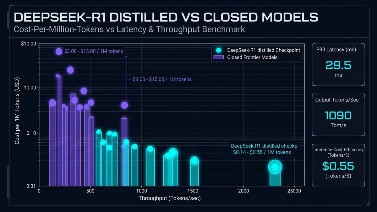 Comparative cost-per-million-tokens and latency benchmarks comparing DeepSeek-R1 distilled checkpoints against closed models — Binary Froster