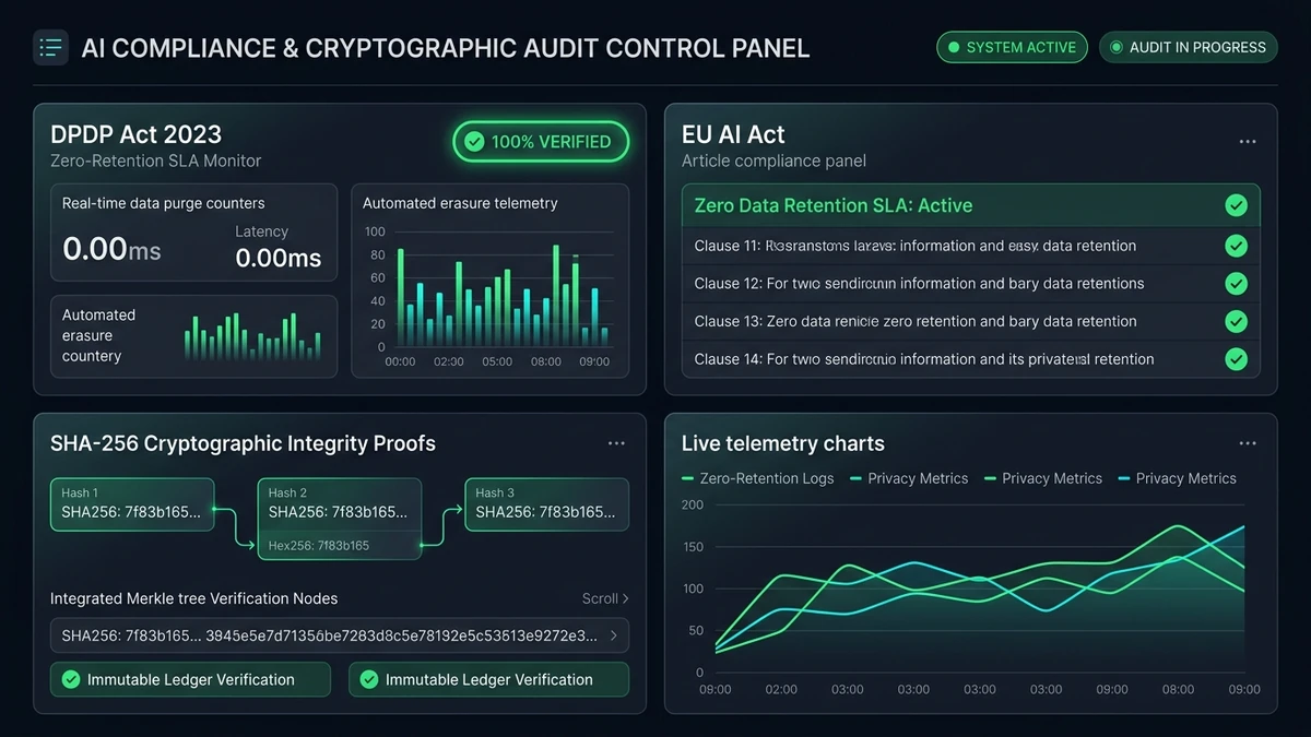 Compliance auditor dashboard with cryptographic verification status and zero-retention SLA counters — Binary Froster