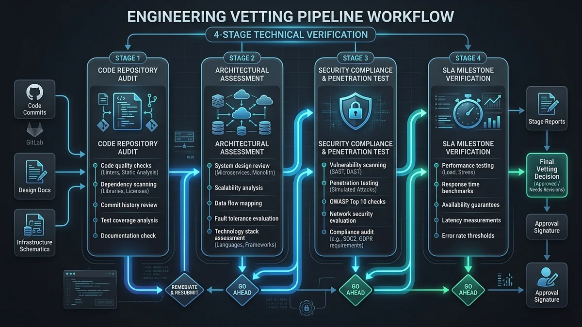 Engineering vetting pipeline workflow diagram showing 4-stage technical verification — Binary Froster