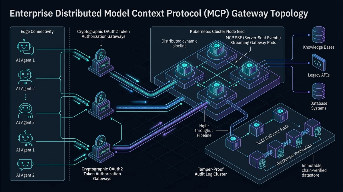 Distributed MCP enterprise cluster topology with SSE gateways, OAuth2 sidecars, and audit logs — Binary Froster