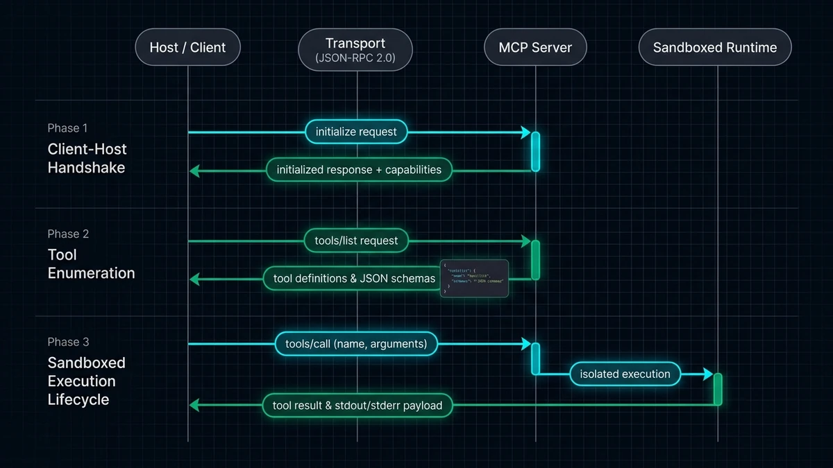 Sequence diagram illustrating JSON-RPC handshake, tool enumeration, and sandboxed execution lifecycle — Binary Froster