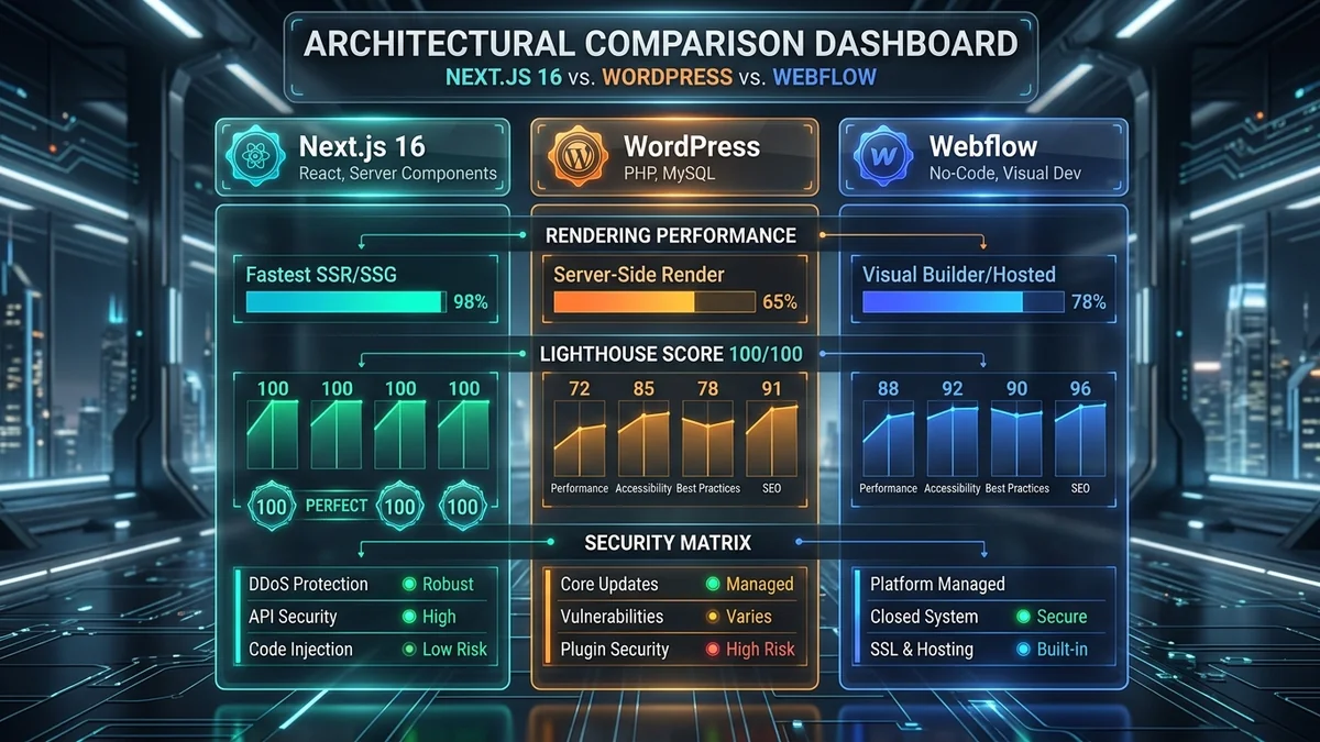 Technical architecture comparison between Next.js React, WordPress PHP, and Webflow SaaS — Binary Froster