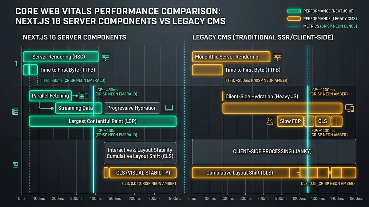 Core Web Vitals performance comparison Next.js 16 Server Components vs legacy CMS — Binary Froster