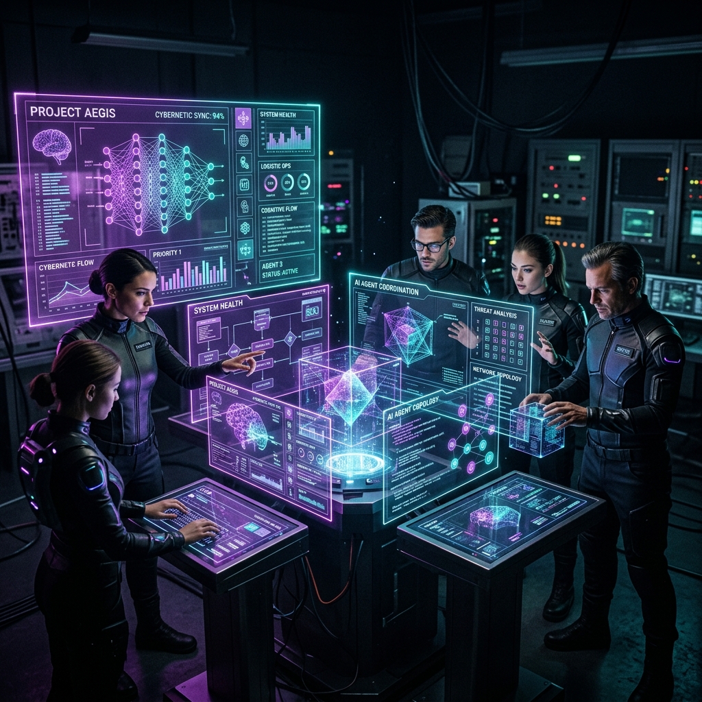 AI agents collaborating on holographic dashboards