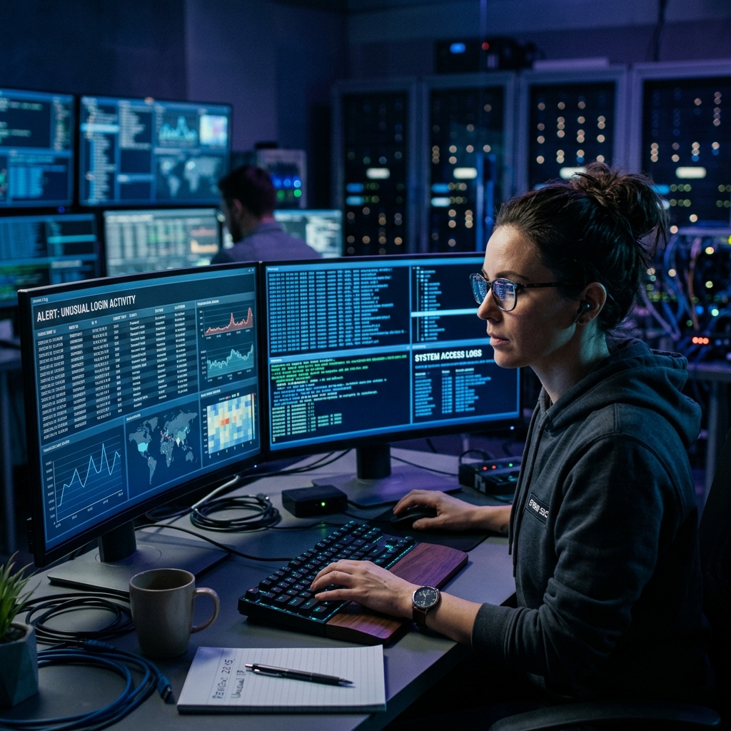 Security engineer reviewing logs